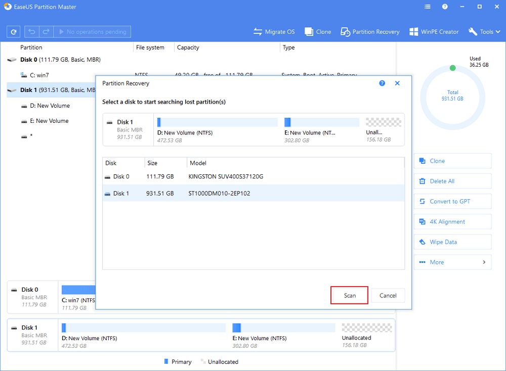 Select the Hard Drive or SSD where you want to recover the Partition