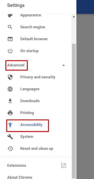 Click on 'Advanced' option and then on 'Accessibility'