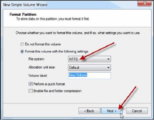 Select 'NTFS' under the file system and click on 'Next'