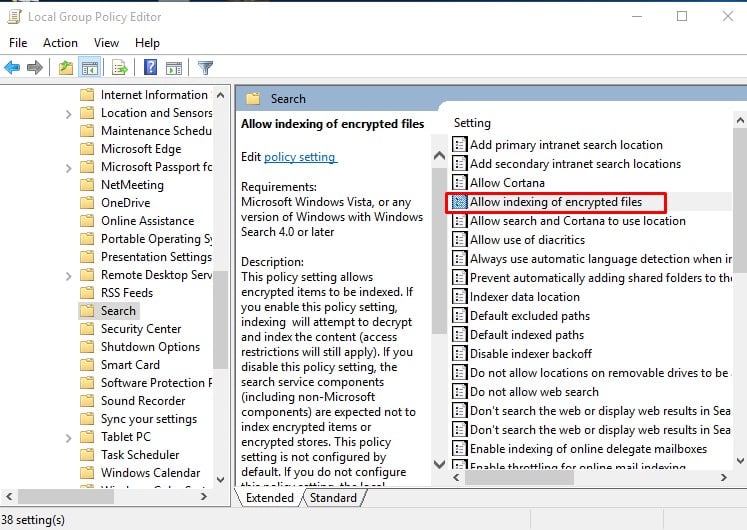 Disable Encrypted File Indexing In Windows 10