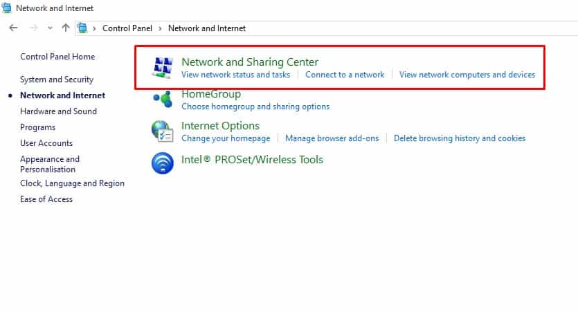 Select 'Network and Sharing Center'