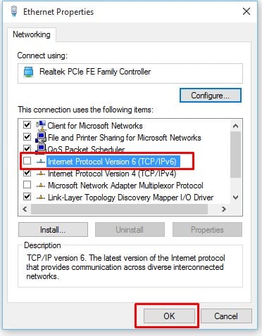 Zrušte zaškrtnutí políčka „Internet Protocol Version 6 (TCP/IPv6)“