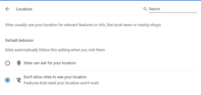 Don't allow sites to see your location option