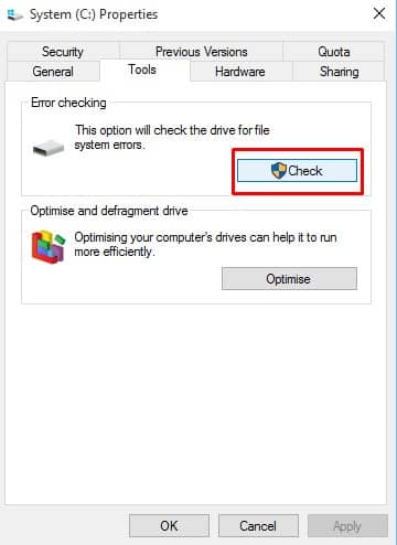 Click on 'Check' under the 'Error Checking'