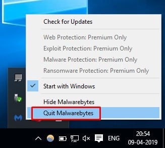 Click on 'Quit Malwarebytes'