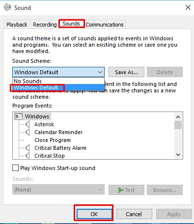 Head to the 'Sound' tab and select 'Windows default' under Sound scheme