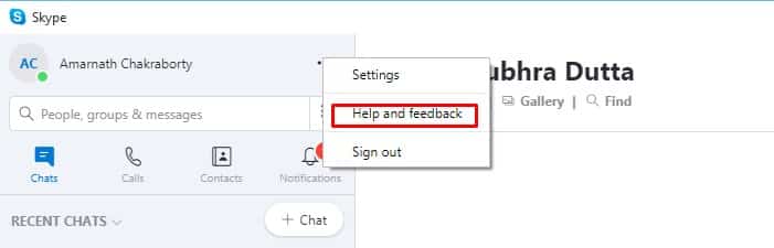 Open Skype Client and select 'Help and Feedback'