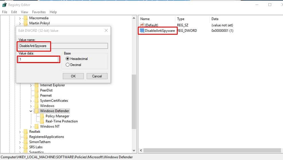 Disable Windows Defender From The Registry Editor