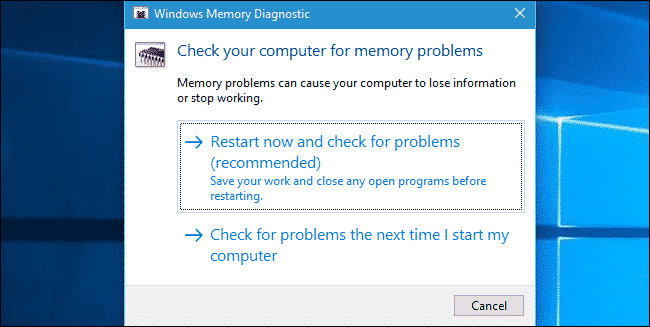 Použijte nástroj Windows Memory Diagnostic Tool