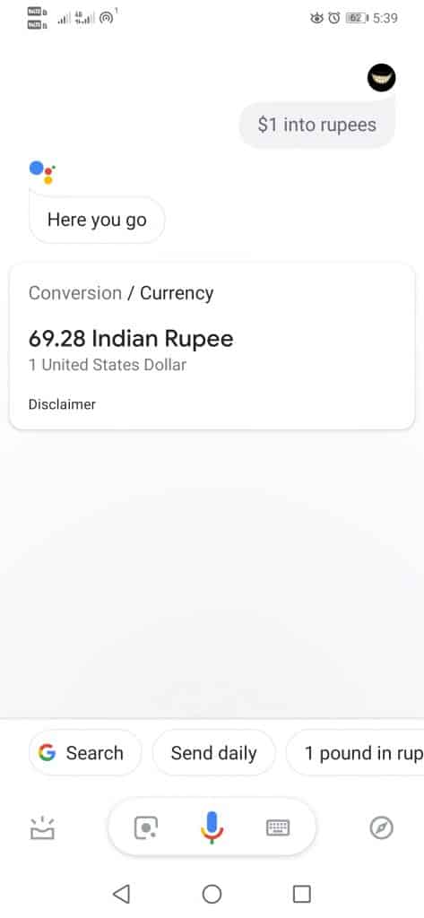 convert currencies with Google assistant