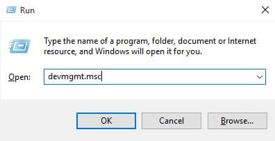 Search for 'devmgmt.msc' on the RUN dialog box