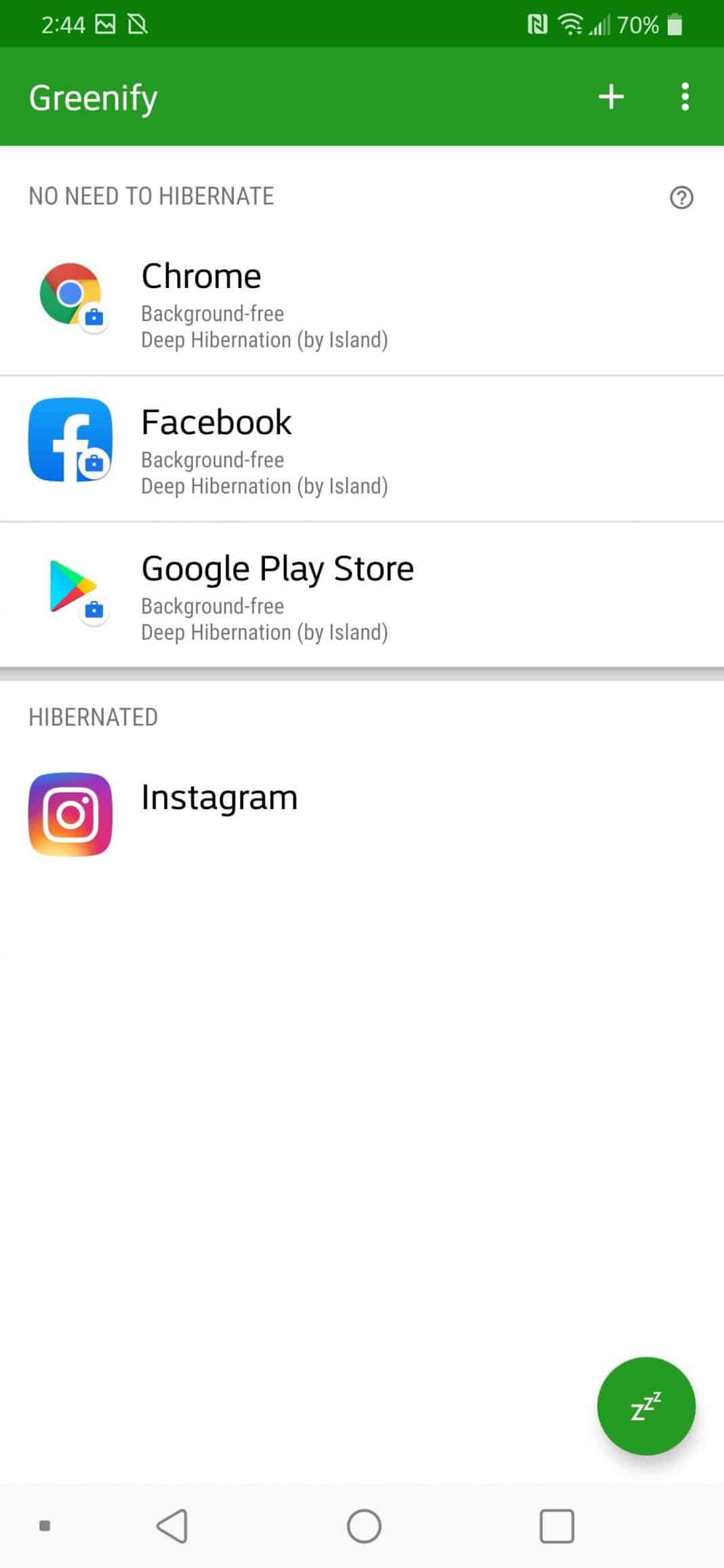 Select apps and tap on the Hibernate button