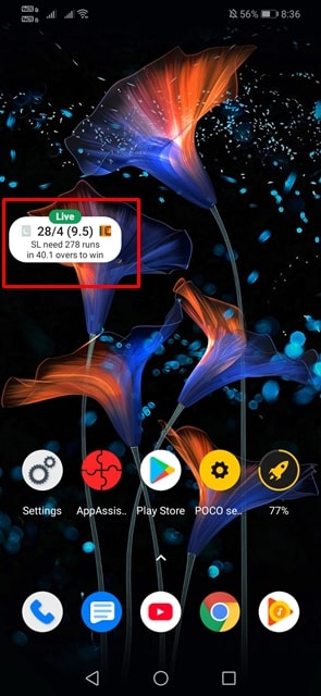 Pin Live Score on Android's Homescreen