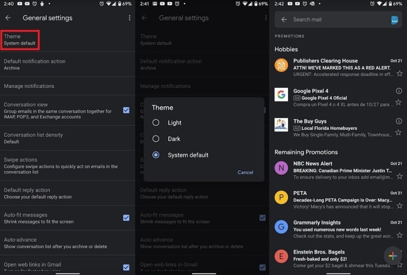 Enable Gmail Dark Mode in Android 10