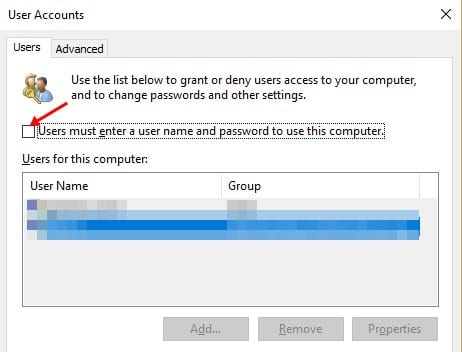 User must enter a user name and password to use this computer