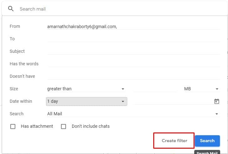 Enter The Email Address and click on 'Create Filter'