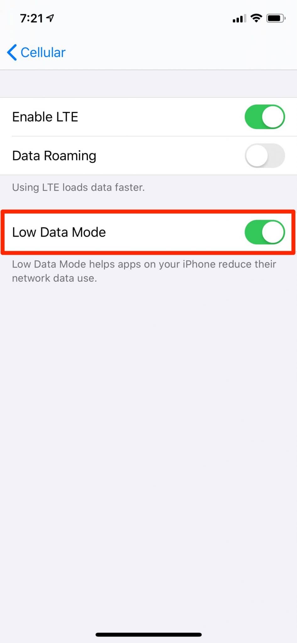 Enable Cellular Low Data Mode