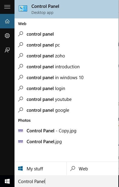 Open Control Panel From Cortana