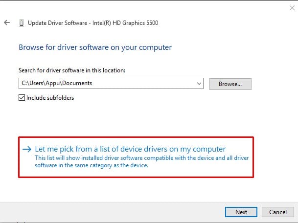 Let me pick from a list of device drivers on my computer