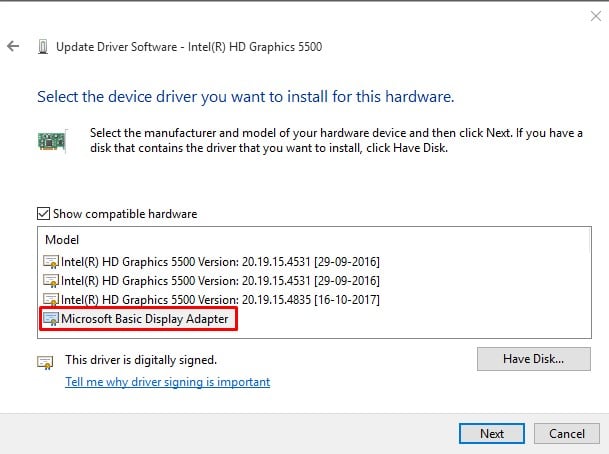 Select 'Microsoft Basic Display Adapter'