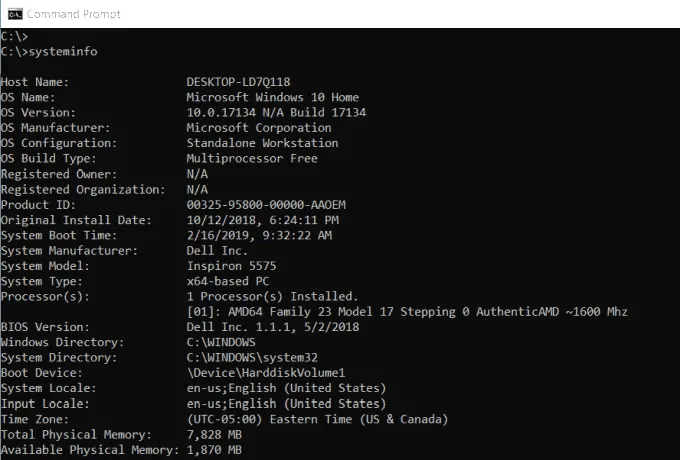 Check System Information using Command Prompt