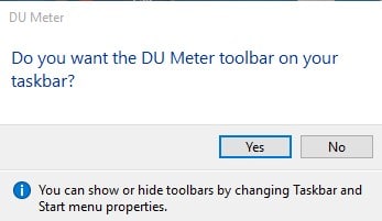 Klik op 'Ja' om Du Meter -werkbalk toe te voegen op taakbalk