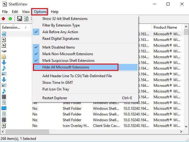 Click on Option and select 'Hide all Microsoft Extensions'
