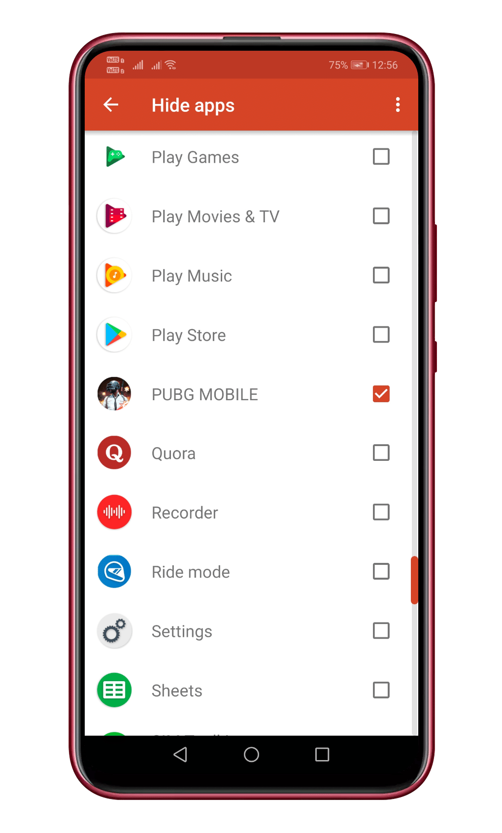 Select the apps that you want to hide