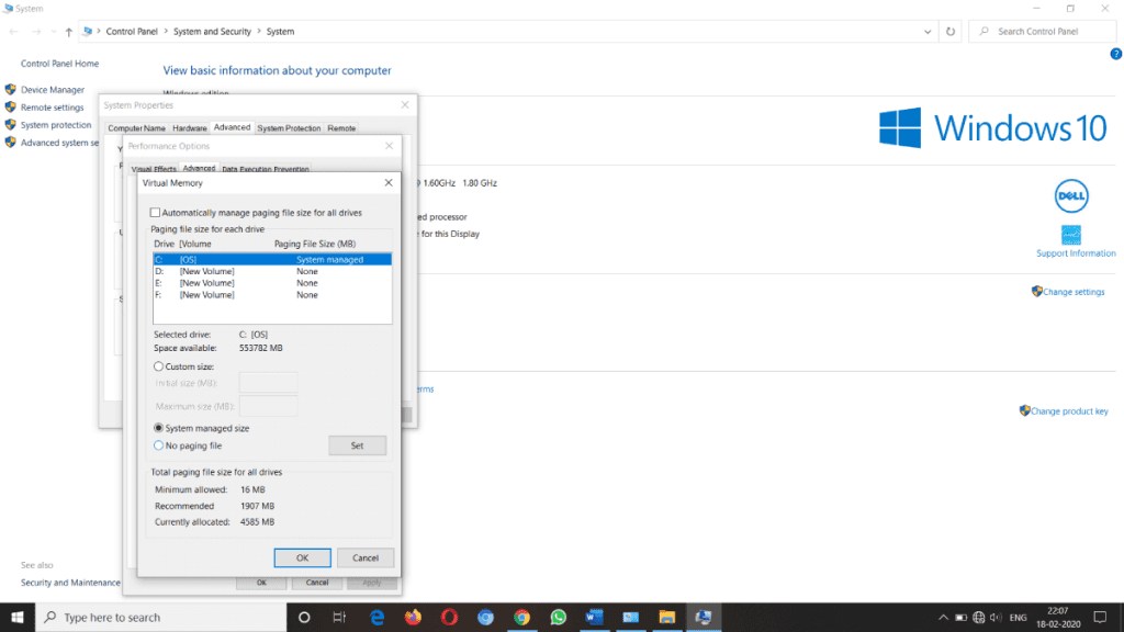 Återställ virtuellt minne i Windows 10