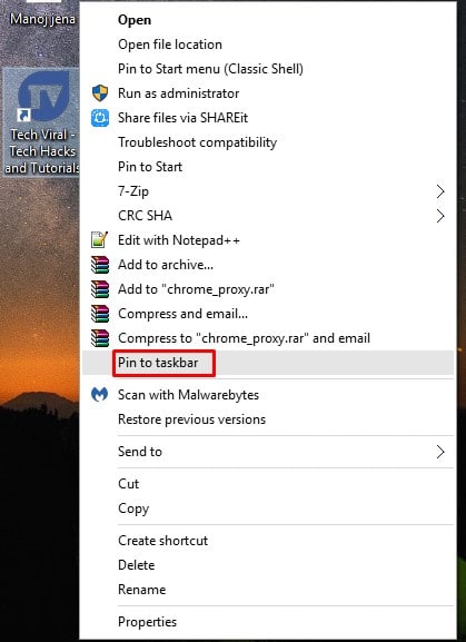 Right click on the Shortcut and select 'Pin to taskbar'