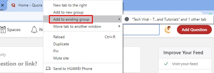 Assign another tab to the existing group