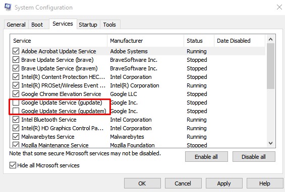 Uncheck both of the services