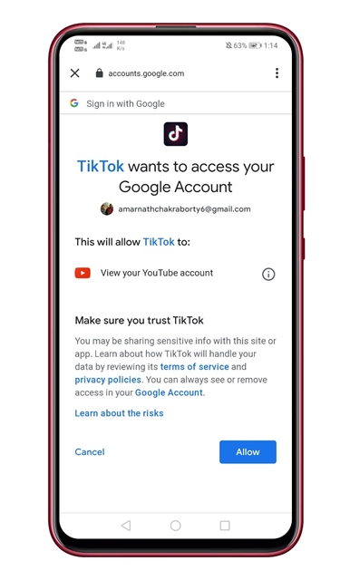 Authorize the account access for YouTube