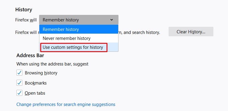 Select 'Use Custom Settings for history'