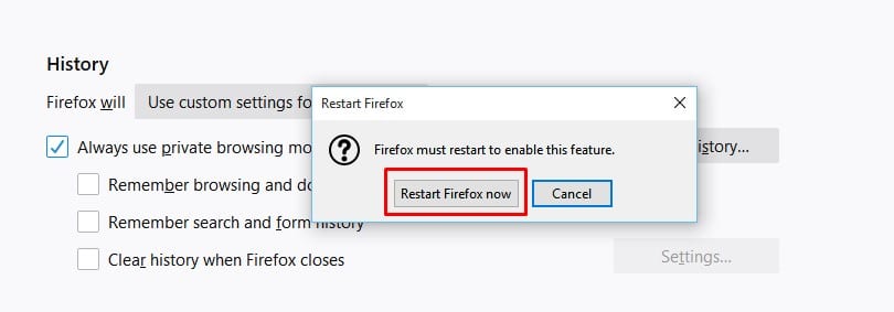 Click on the 'Restart Firefox Now' button