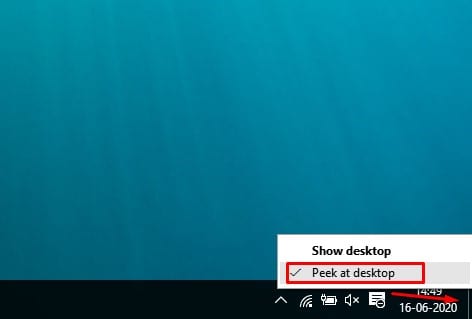 Using the Peek at Desktop Feature