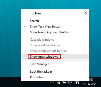 „Nyitott Windows megjelenítése” opció