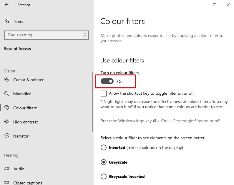 enable the 'Turn on color filters' slider