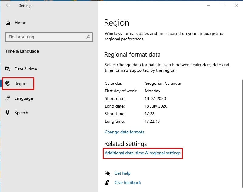 click on the 'Additional date, time & regional settings'
