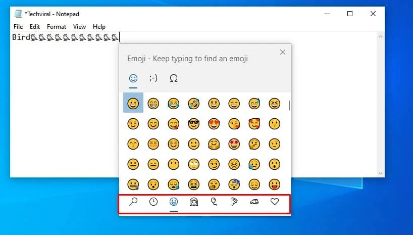 Diferentes pestañas de emojis
