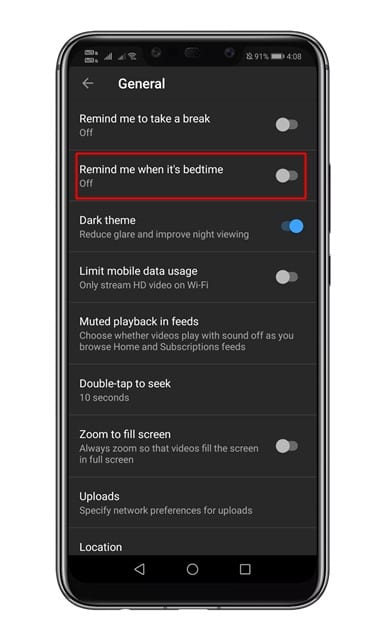 How To Enable  Bedtime Reminder  Feature on YouTube - 46