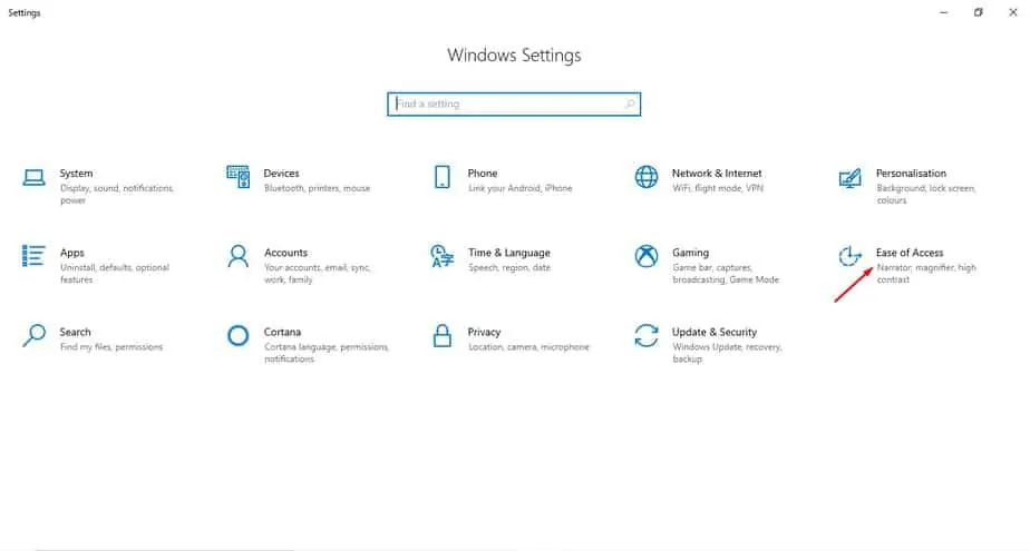 Open Windows 10 Settings and click on 'Ease of Access'