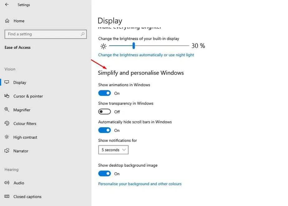Find the 'Simplify and Personalize Windows' option