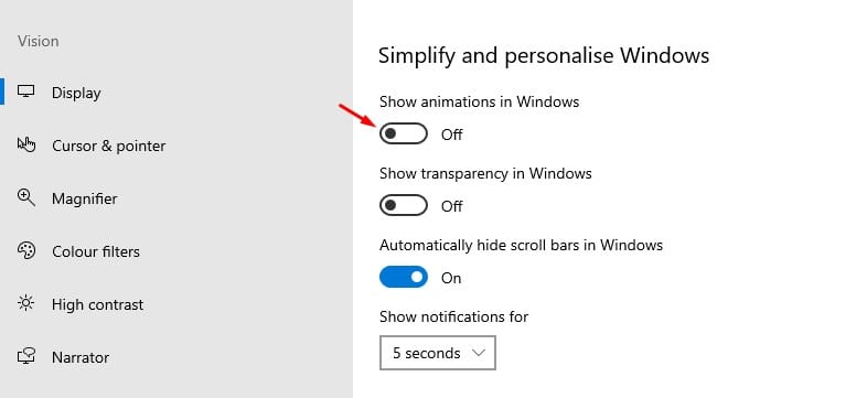 Toggle-off the 'Show animations in Windows' option