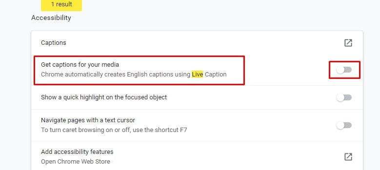 enable the 'Live Caption' toggle