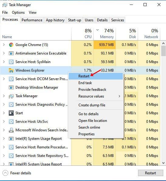 Επανεκκίνηση μέσω του Task Manager