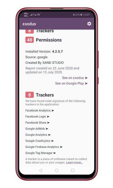 Trackers used by the app