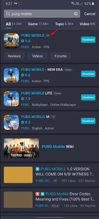 Search for 'PUBG Mobile' and open PUBG Mobile Kr