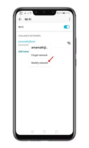 select the option 'Modify Network'