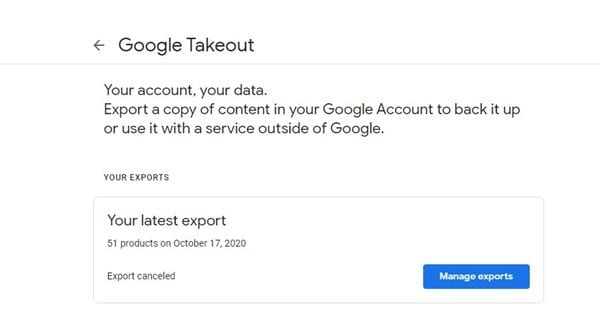 Google Takeout Page
